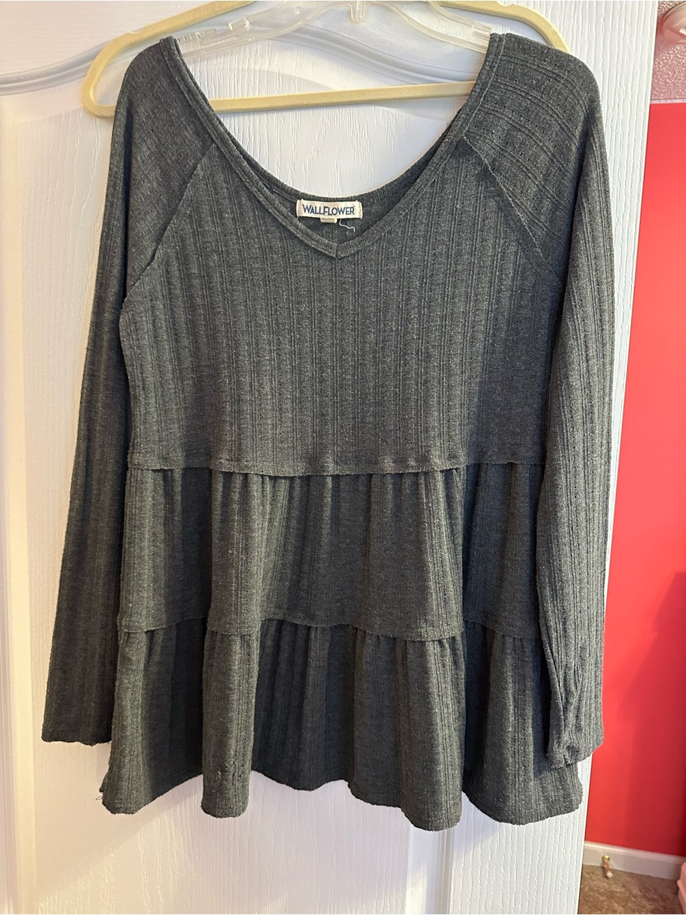 Wallflower Charcoal Ribbed Tiered V-Neck Tunic